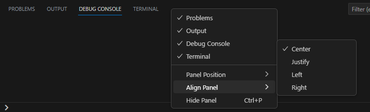 Panel context menu showing the panel alignment submenu