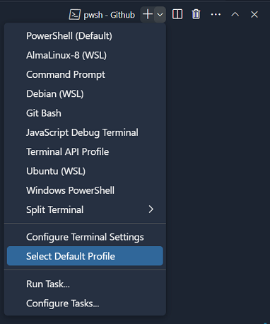 Select Default Profile is available via the terminal view dropdown or the Command Palette