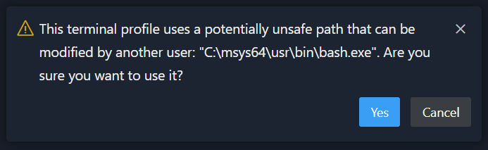 The notification explains the path is potentially unsafe as it could be modified by another user
