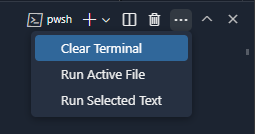Clear terminal, Run Active File, and Run Selected Text commands are now available in the terminal view's overflow menu