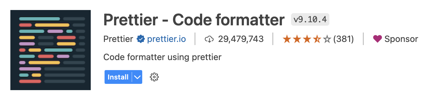 Prettier extension in the extension editor displaying verified publisher domain prettier.io