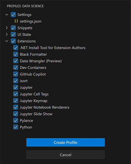 Profiles view showing the contents of the Data Science profile template