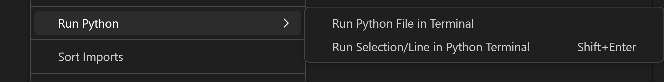 Run Python option on context menu with "Run file in terminal" and "Run selection/line" options in the submenu