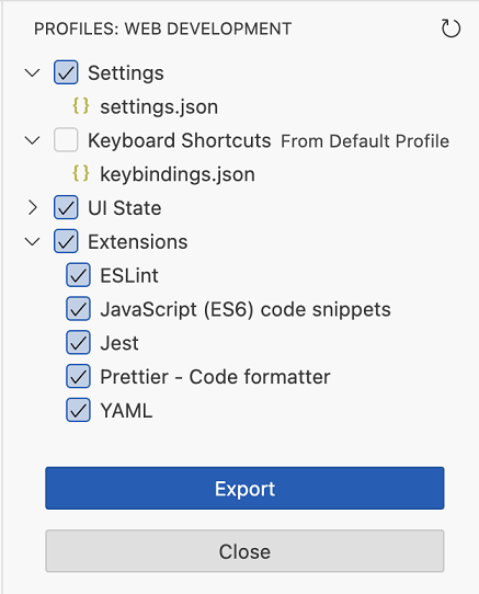 Profile view with Keyboard Shortcuts unchecked and Export button visible