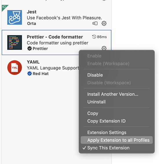 Apply Extension to all Profiles context menu item in the Extensions view