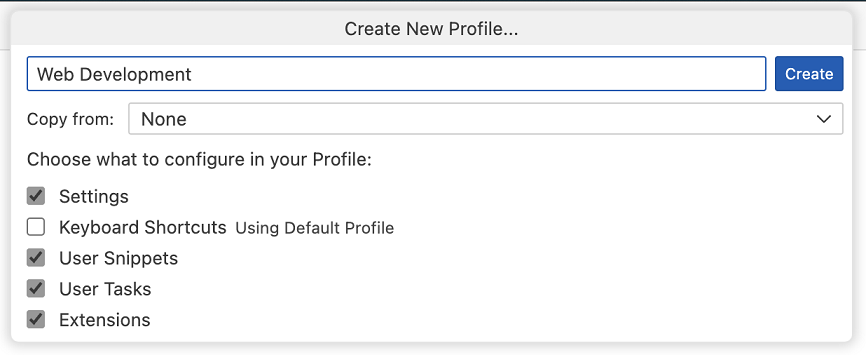 Create New Profile dropdown with keyboard shortcuts unchecked