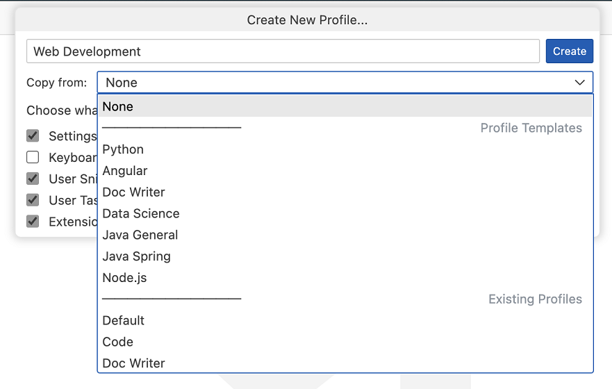 Create a profile by copying from a Project Template or existing profile