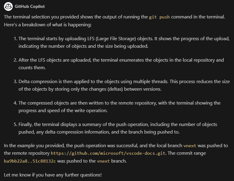 Copilot goes into detail in the explanation, for example it explains that a git push uses LFS, what delta compression is