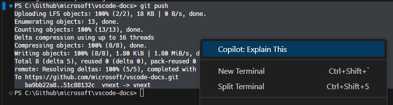 The terminal context menu's first entry is Copilot: Explain This