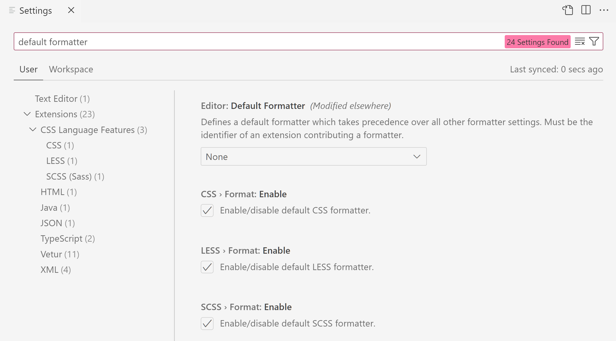 Searching "default formatter" in the Settings editor results in the editor.defaultFormatter setting appearing at the top.