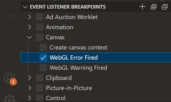 Event Listener Breakpoints view shown as a tree with the Canvas WebGL Error Fired event checked