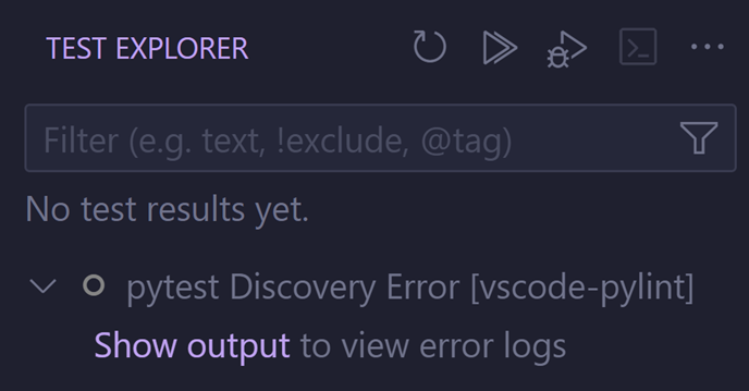 "Show output" button to open the Test Logs in the Test Explorer view