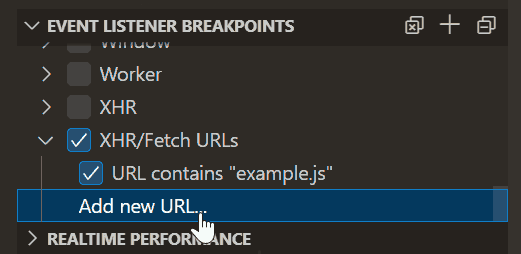 Event Listener Breakpoints view with "XHR/fetch URL" checked and "Add new URL" option highlighted