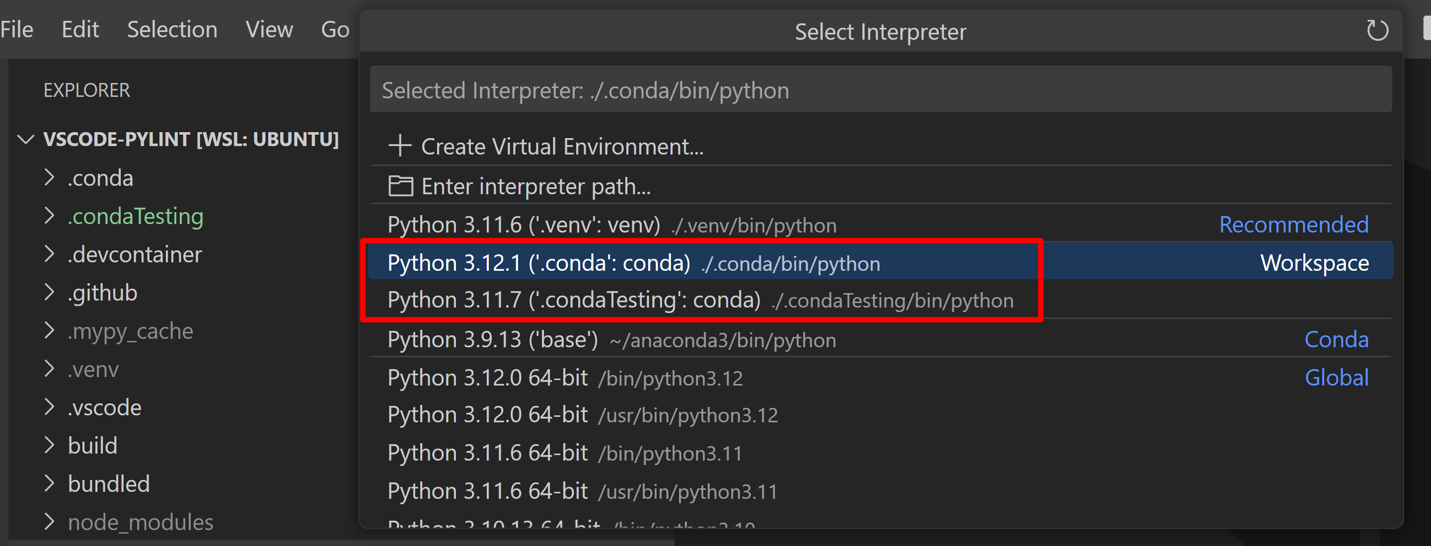 Workspace conda environment names displayed in the Python interpreter Quick Pick.