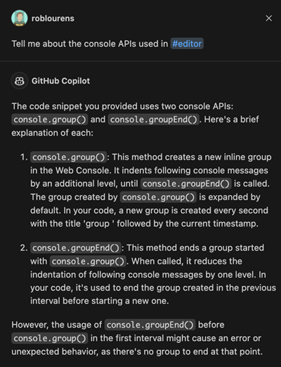 Editor context example in the Copilot Chat View.