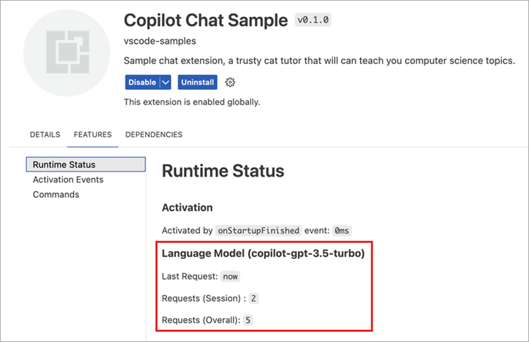 Tracking language model usage in extension editor