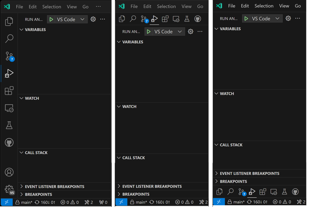 Three screenshots, showing the different Activity Bar positions: on the left side, at the top, and at the bottom