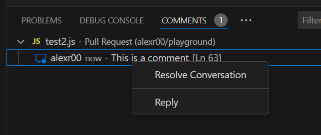 Comments view context menu with a Reply action