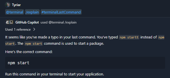 Using the explain using copilot quick fix will ask copilot "@terminal /explain #terminalLastCommand"