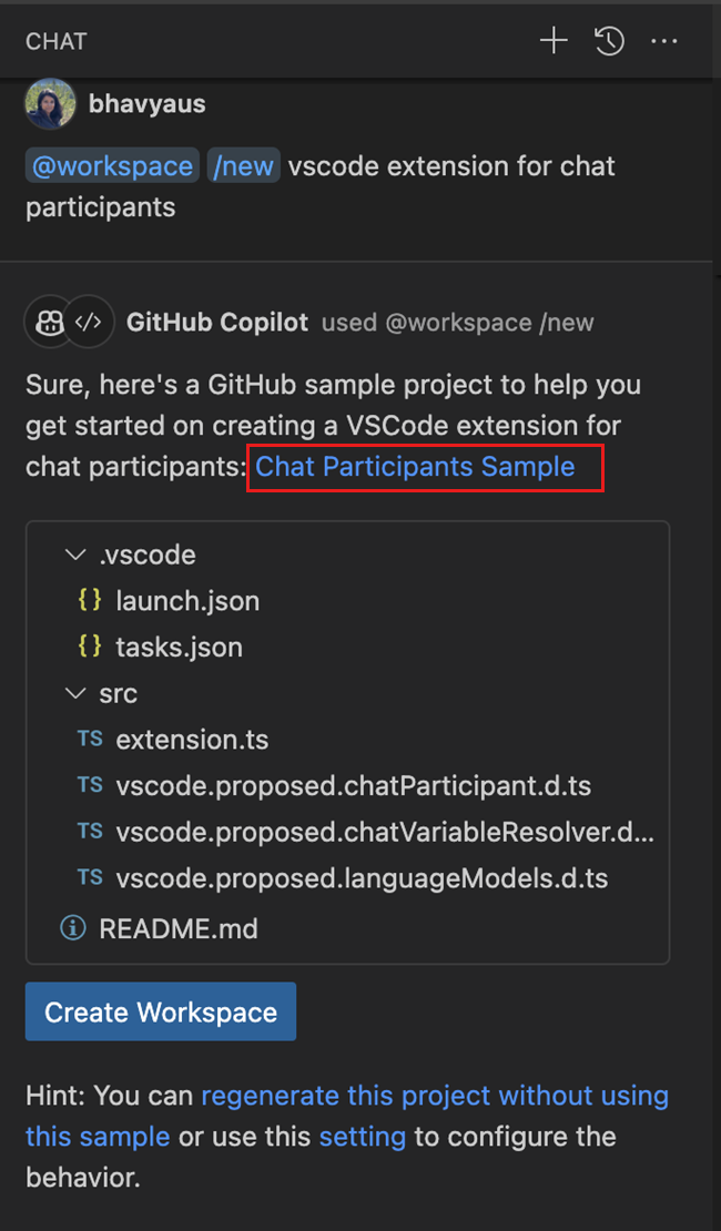 Chat view with @workspace /new that provides a link to a sample project