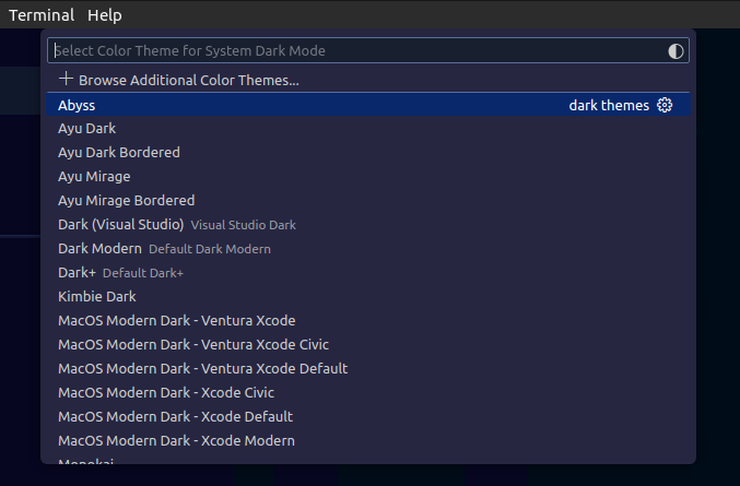 Screenshot showing the theme selection dialog configuring the theme for Dark mode.