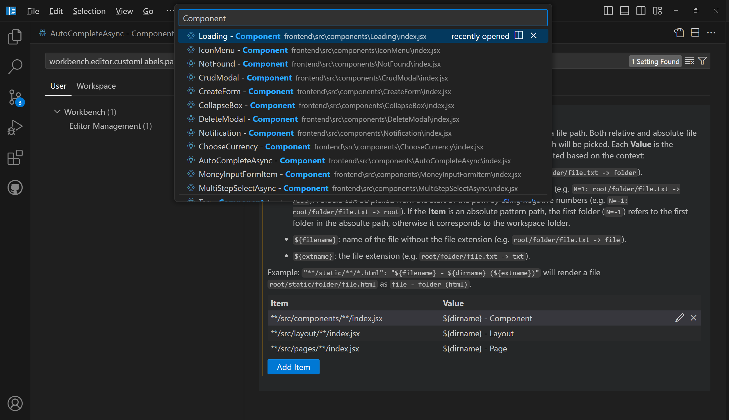 Screenshot showing the use of custom labels in Quick Open to distinguish between multiple 'index.jsx' files.