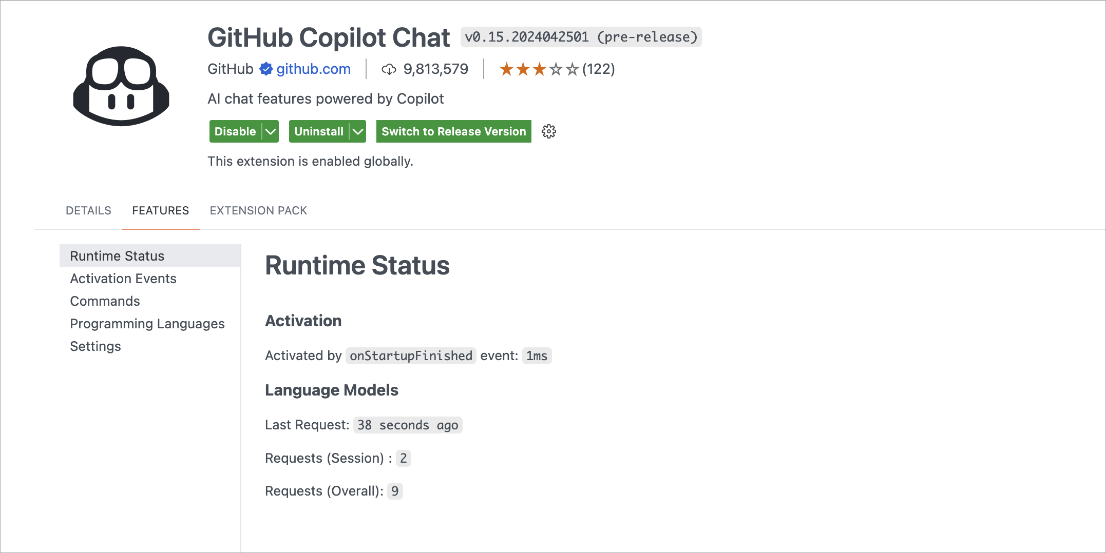 Screenshot of the Runtime Status for the Copilot Chat extension, showing the number of language model requests.
