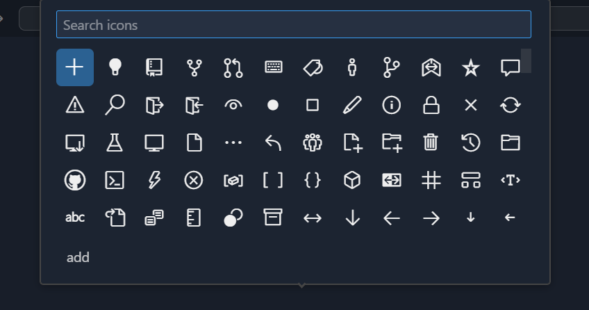 Screenshot showing the new icon picker shows a preview and the id of the icon as well as a filter box