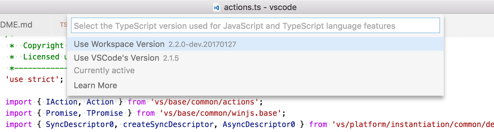 TypeScript version selector
