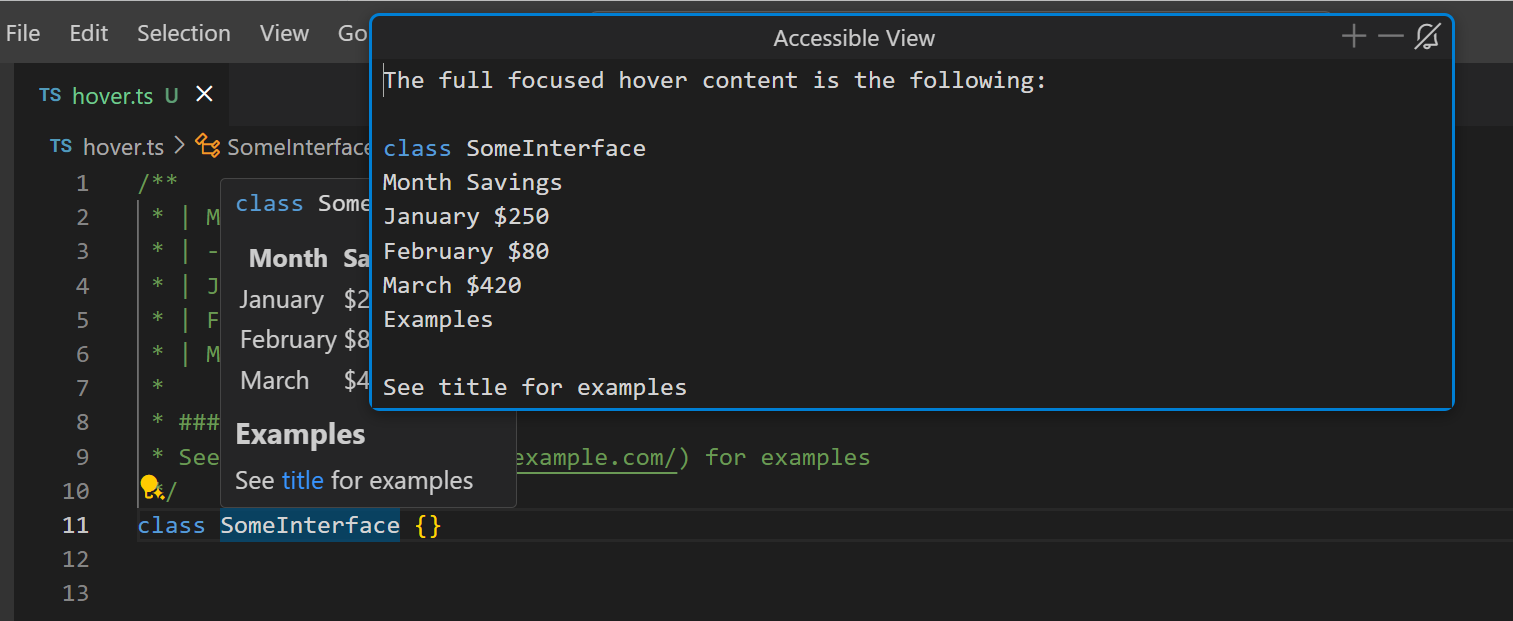 Accessible View showing the contents of the editor hover information.