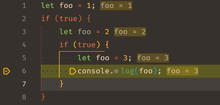 JavaScript code snippet that shows an overlay with the value of shadowed variables.