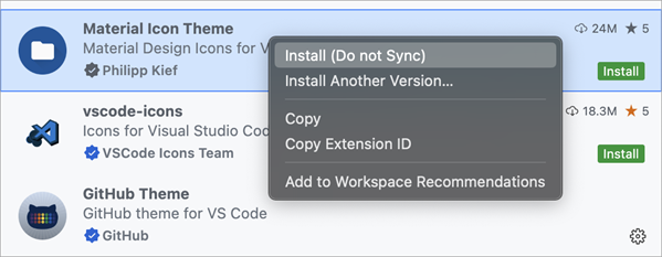 Context menu for the Extensions view, showing the additional install actions.