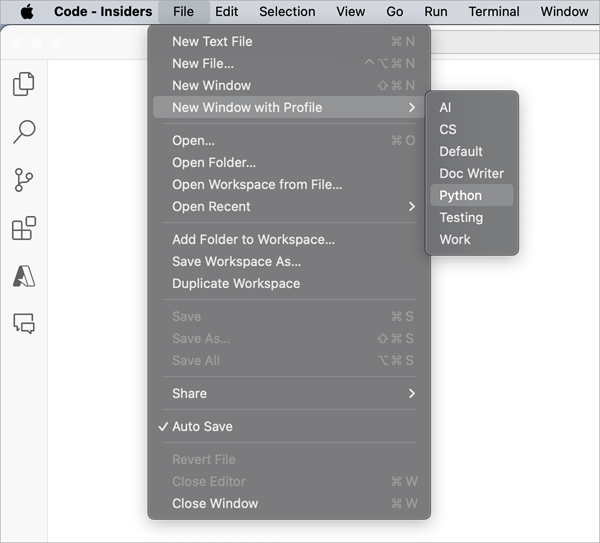 Screenshot of the File menu showing the New Window with Profile menu items.