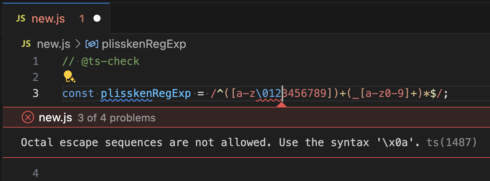 Editor showing a regex error for an invalid escape sequence