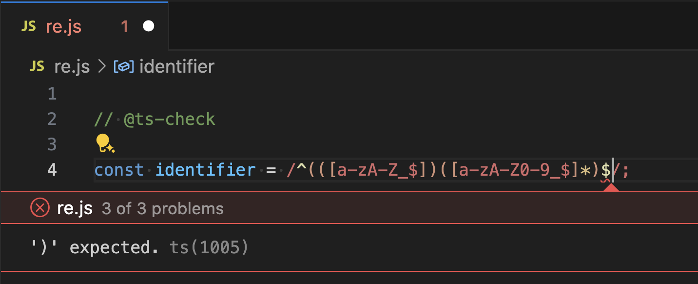 Editor showing a regex error for an invalid group caused by an extra parenthesis.