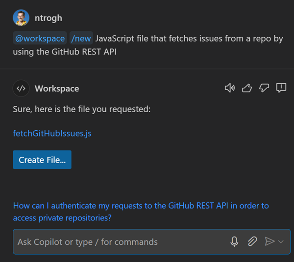 Create a new single file with /new in Copilot Chat.