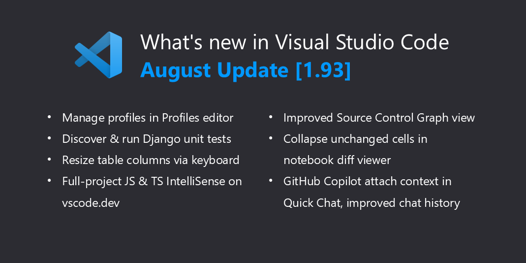 Welcome to the August 2024 release of Visual Studio Code. There are many updates in this version that we hope you'll like, some of the key highlights 