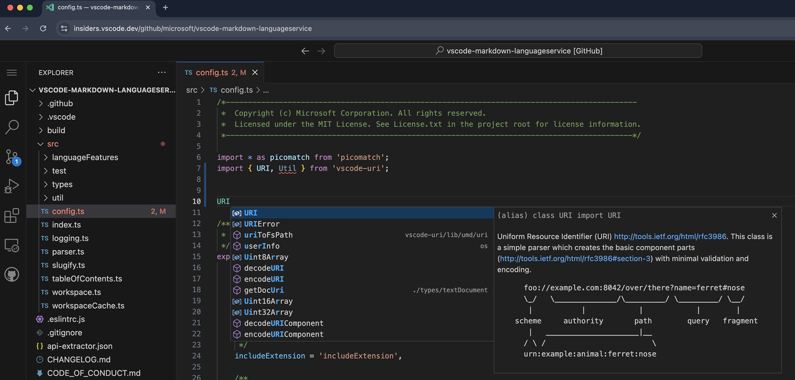 IntelliSense and error reporting for an imported package on vscode.dev.