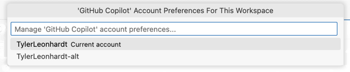 The account preference Quick Pick that enables you to select extensions for a given account.