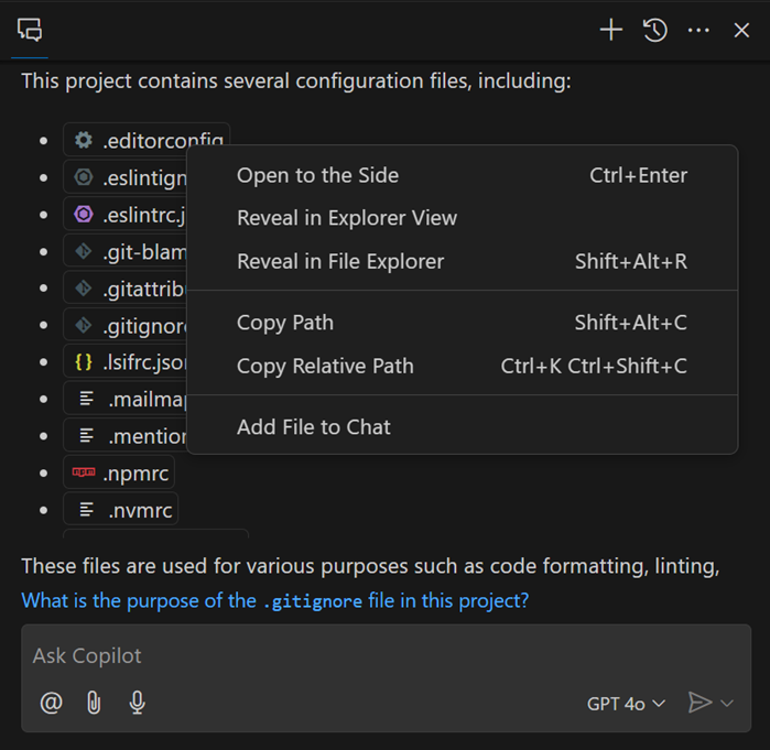 The context menu for a workspace path in chat provides options to open the file or copy its path.