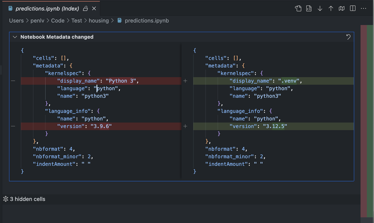 Notebook dif editor showing side-by-side changes to the document metadata.