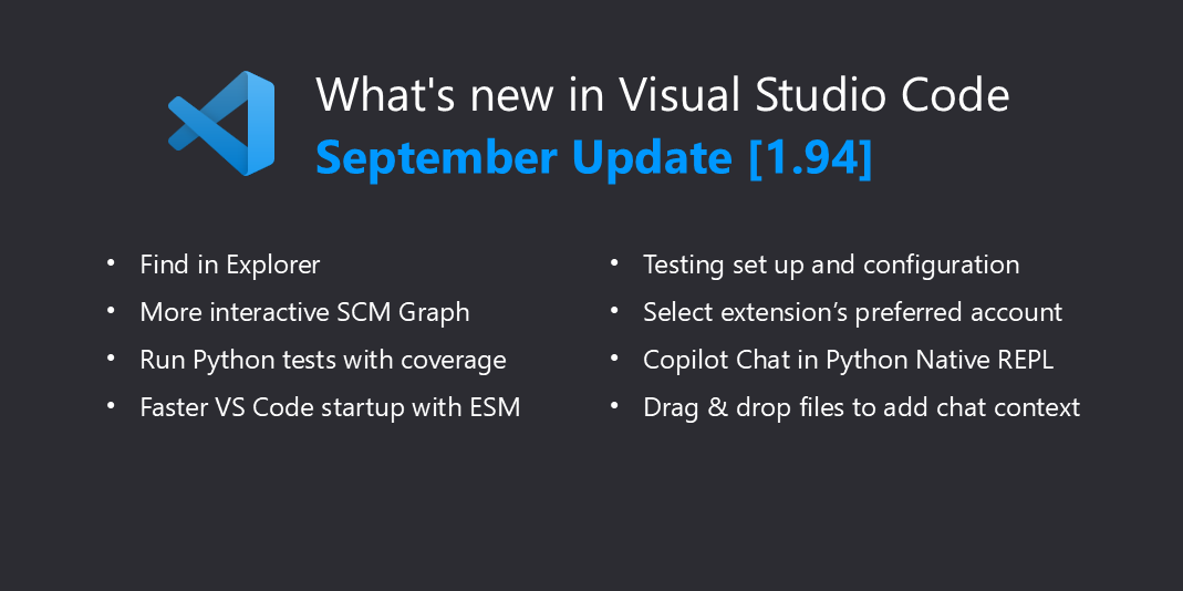 Welcome to the September 2024 release of Visual Studio Code. There are many updates in this version that we hope you'll like, some of the key highligh