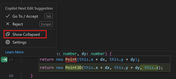 Screenshot that shows the Next Edit Suggestions context menu in the editor left margin, highlighting the Show Collapsed option.