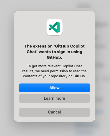 Screenshot that shows the authentication modal dialog, featuring a message that says 'To get more relevant Copilot Chat results, we need permission to read the contents of your repository on GitHub.' and a button to learn more.