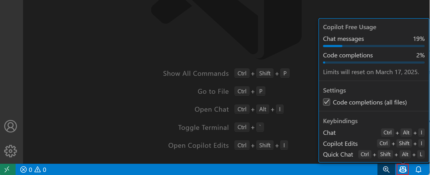 Screenshot that shows the Copilot status overview in the Status Bar.