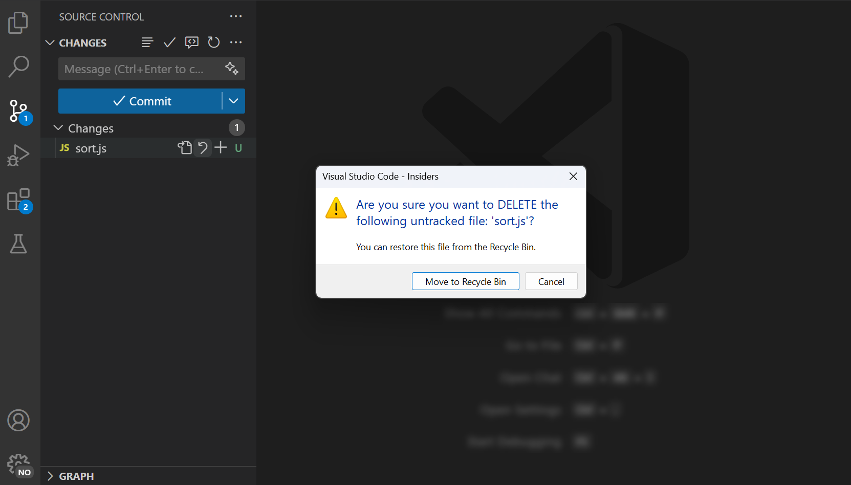 Screenshot of the modal dialog shown when discarding an untracked file.