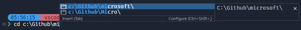 Screenshot that shows "cd c:\Github\mi" will show results for all absolute folders matching that term.