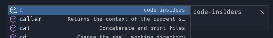 Screenshot that shows the alias c->code-insiders will now be detected and show with the command icon with a little arrow in the corner.