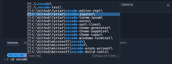 Screenshot that shows a CDPATH containing 2 paths separated by a semi-colon, including all sub-directories even on PowerShell which does not support CDPATH natively.