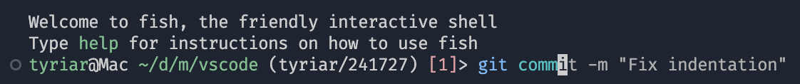 Screenshot that shows fish shell showing suggestions, such as previous git commit commands when typing a prefix.